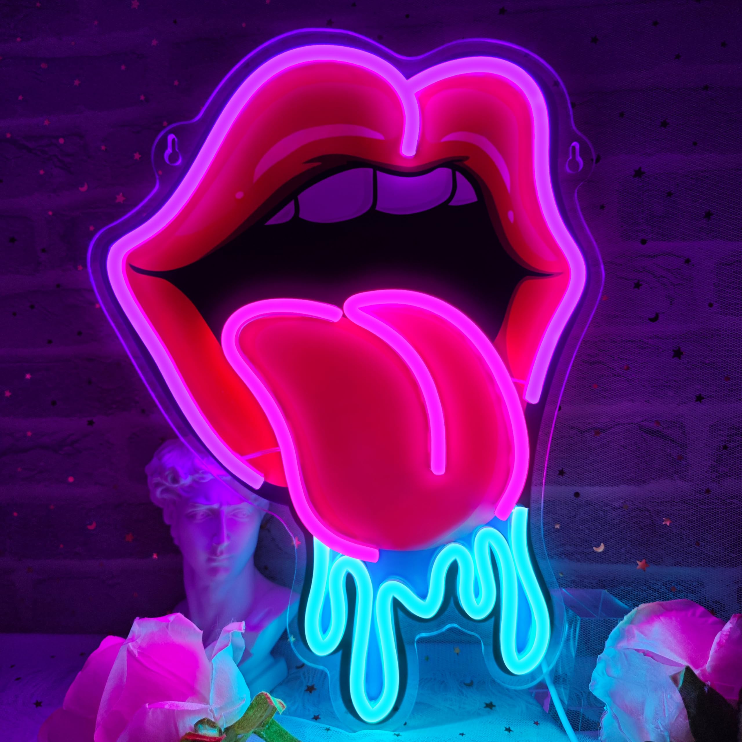 Dipomy Lips Tongue Neon Sign glows on wall for playful decor.