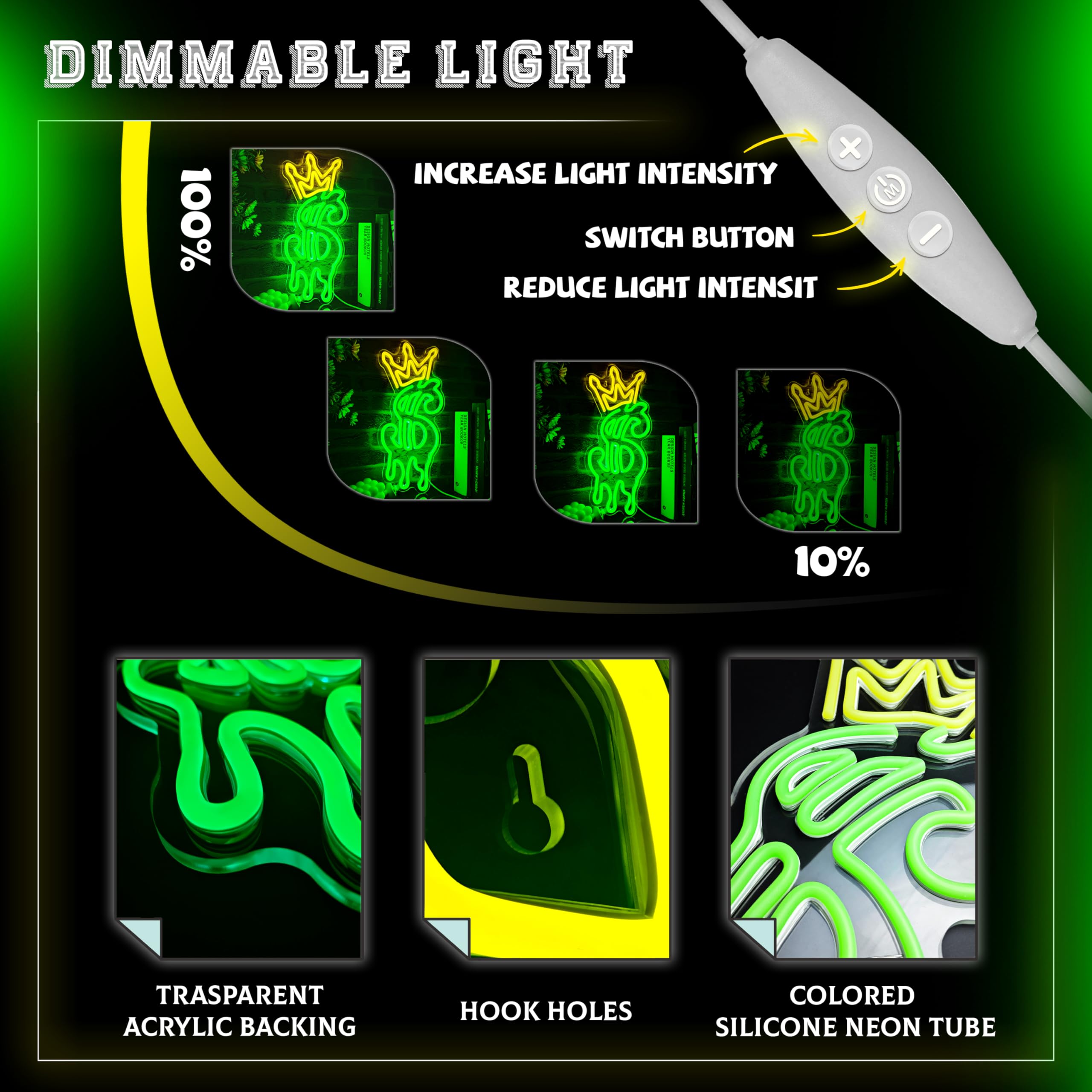 Dipomy USB-powered neon sign with back panel for simple setup.