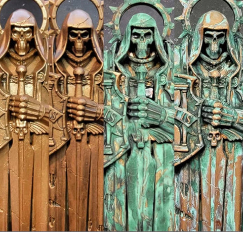 Dirty Down Verdigris on a diorama prop showing natural green-blue patina.
