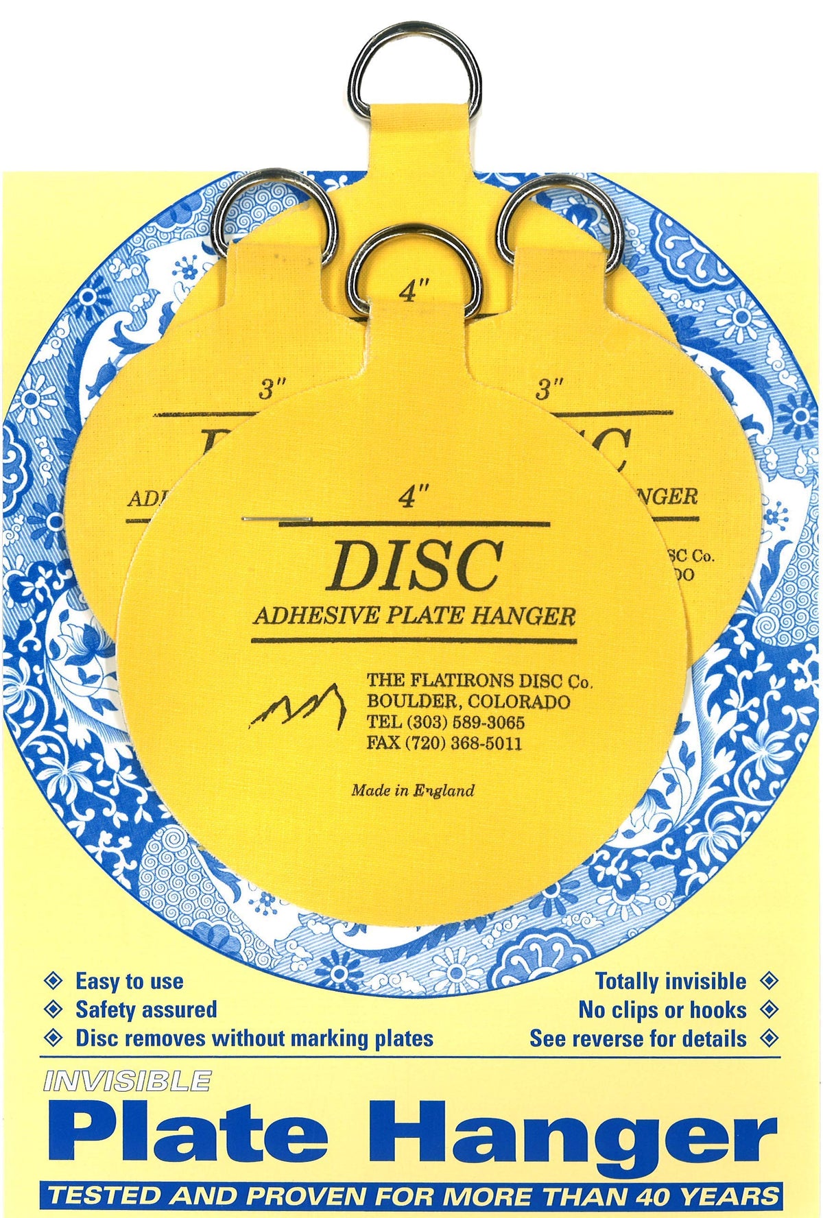 Disc Flatirons adhesive plate hanger packaging with clear directions for gifting
