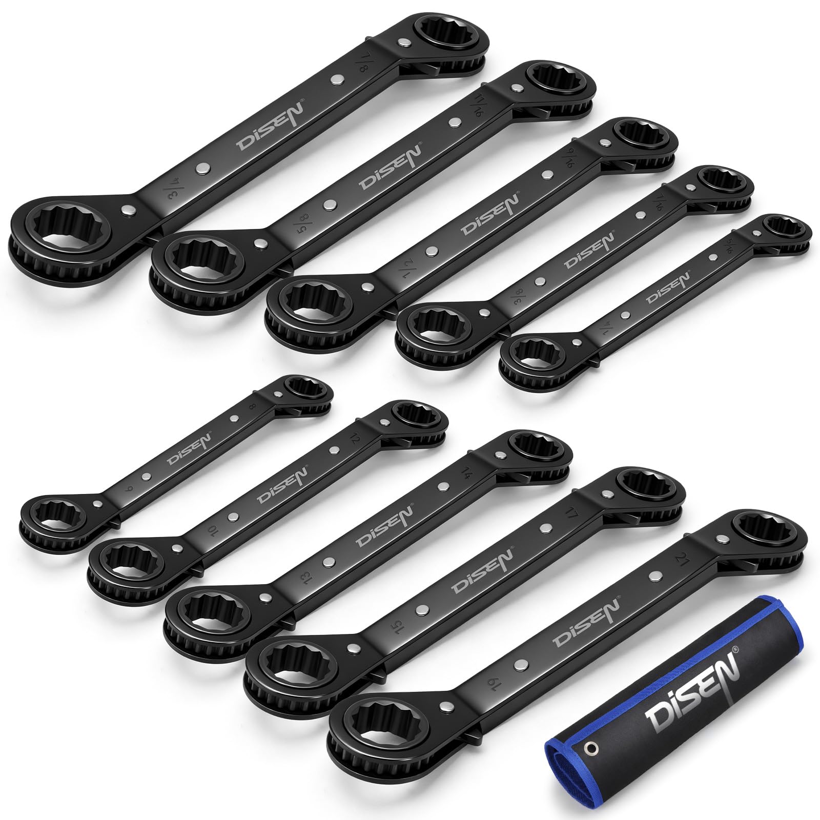 DISEN 10-piece double-offset box-end wrench set in a hanging pouch for organized tool loading.