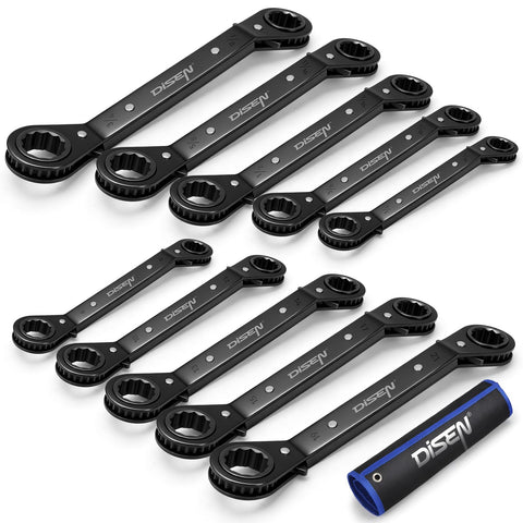 DISEN 10-piece double-offset box-end wrench set in a hanging pouch for organized tool loading.