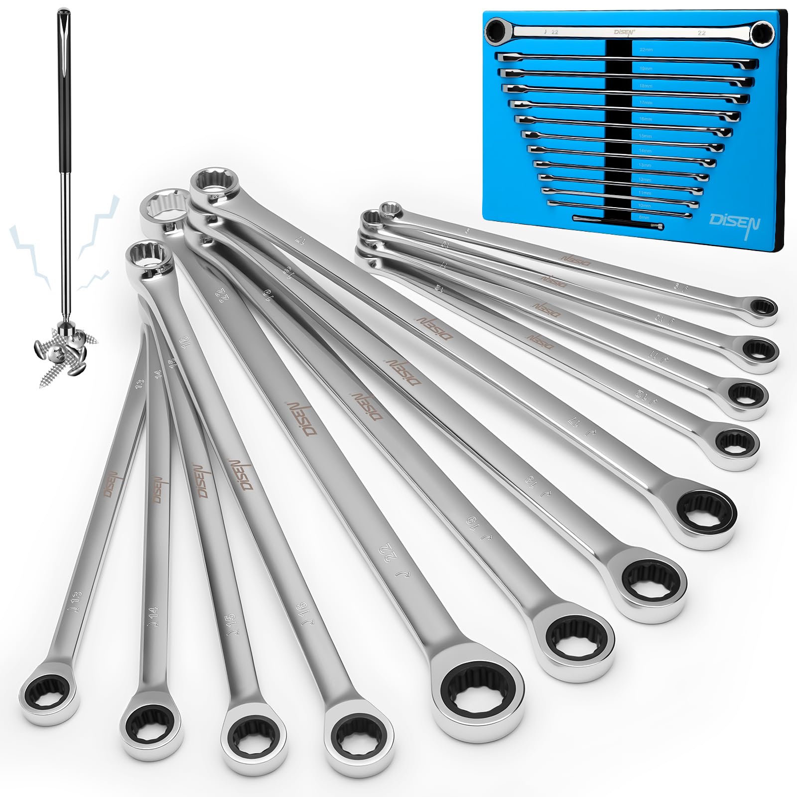 DISEN 12-piece metric ratchet wrench set 8-22mm for versatile automotive repairs.
