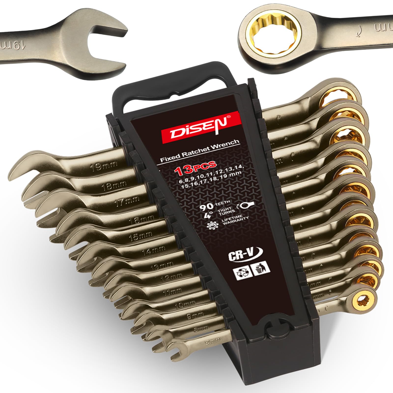 DISEN 13-piece ratchet wrench set with open and box ends for versatility