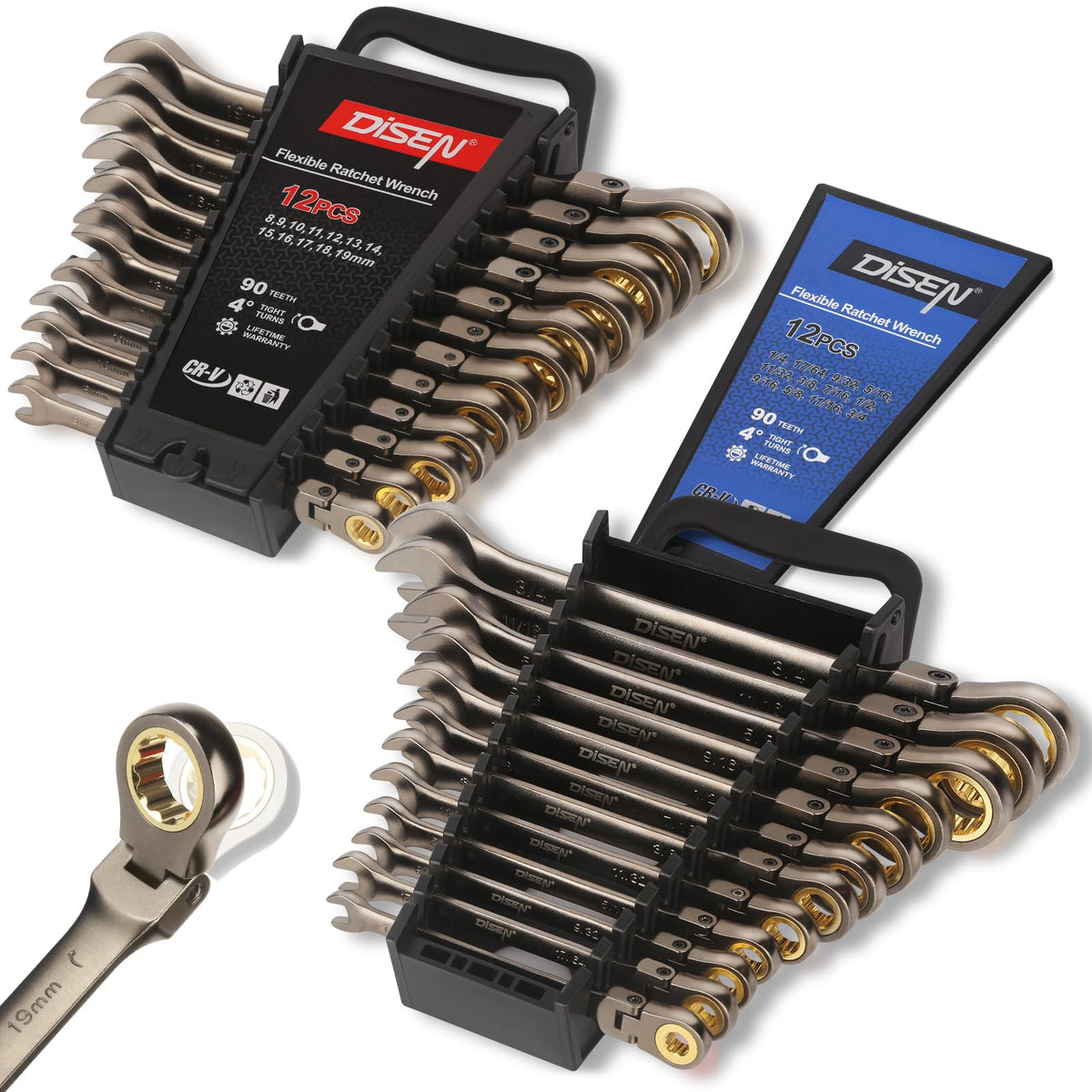 DISEN 24pc 90-tooth ratcheting wrenches set for precise tight-space adjustments.