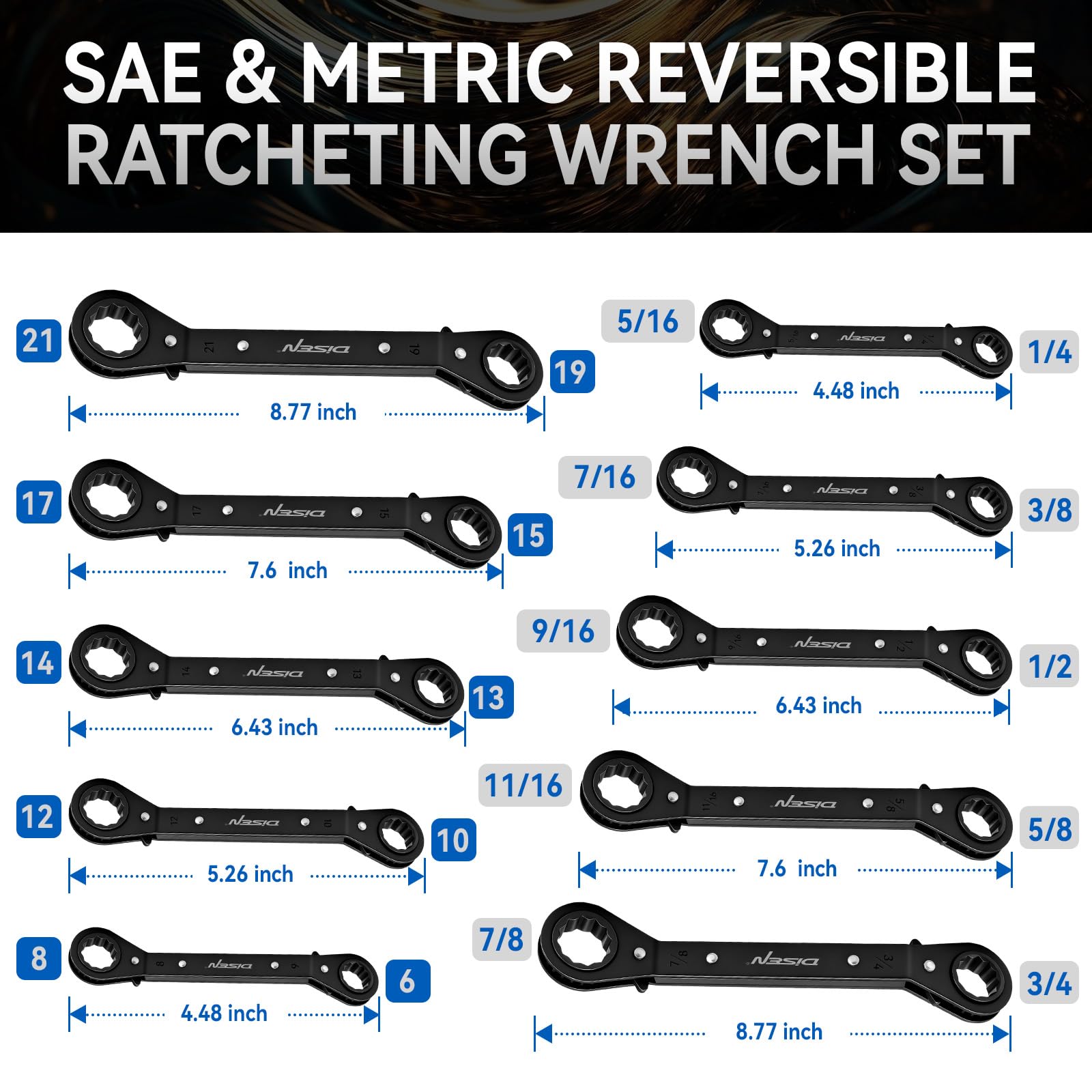 DISEN 25-degree offset wrench ends for easier reach in tight spaces.