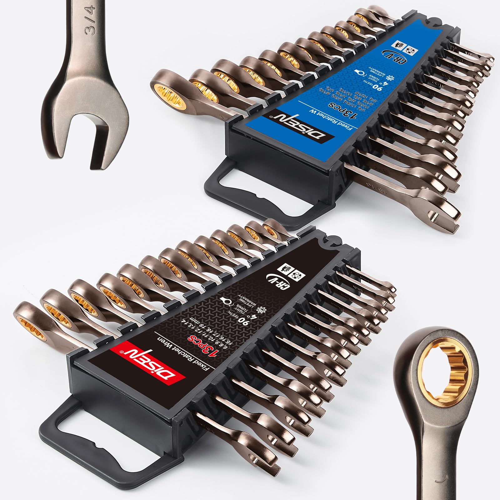 DISEN 26-piece ratcheting wrenches showing 90-tooth precision for tight spaces.
