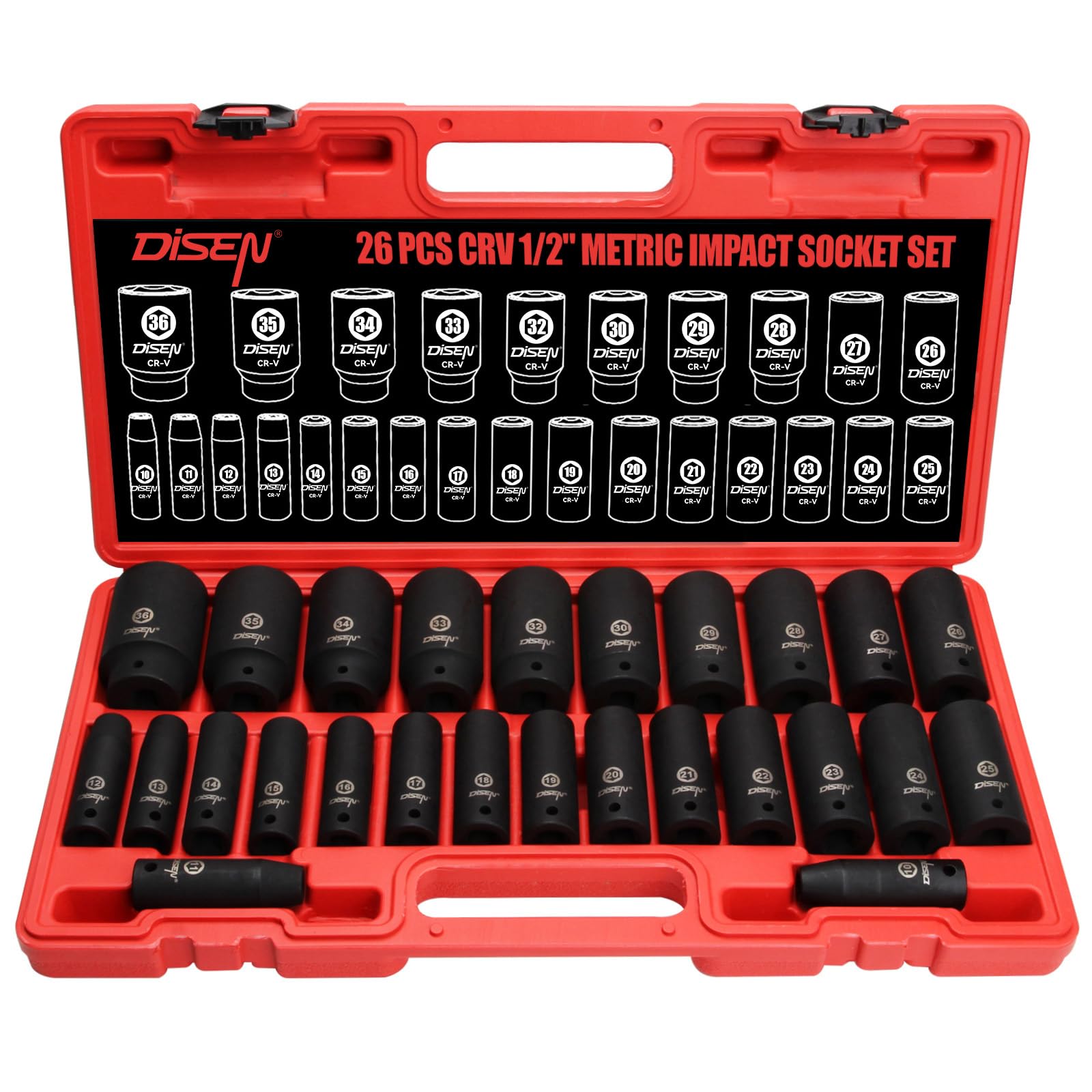 DISEN 26-piece impact socket set with deep sockets for extended reach and torque.