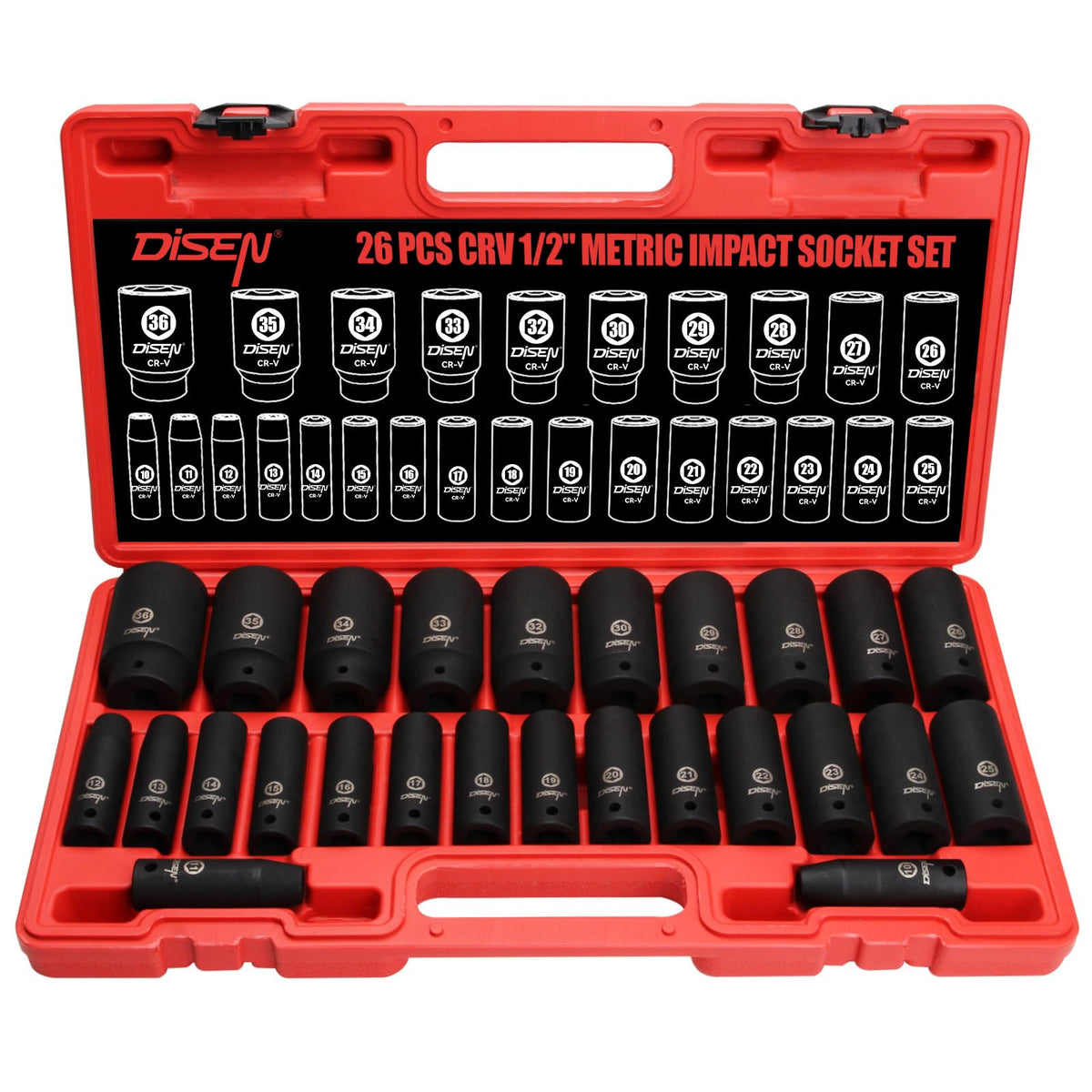 DISEN 26-piece impact socket set with deep sockets for extended reach and torque.