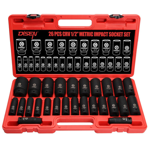 DISEN 26-piece impact socket set with deep sockets for extended reach and torque.
