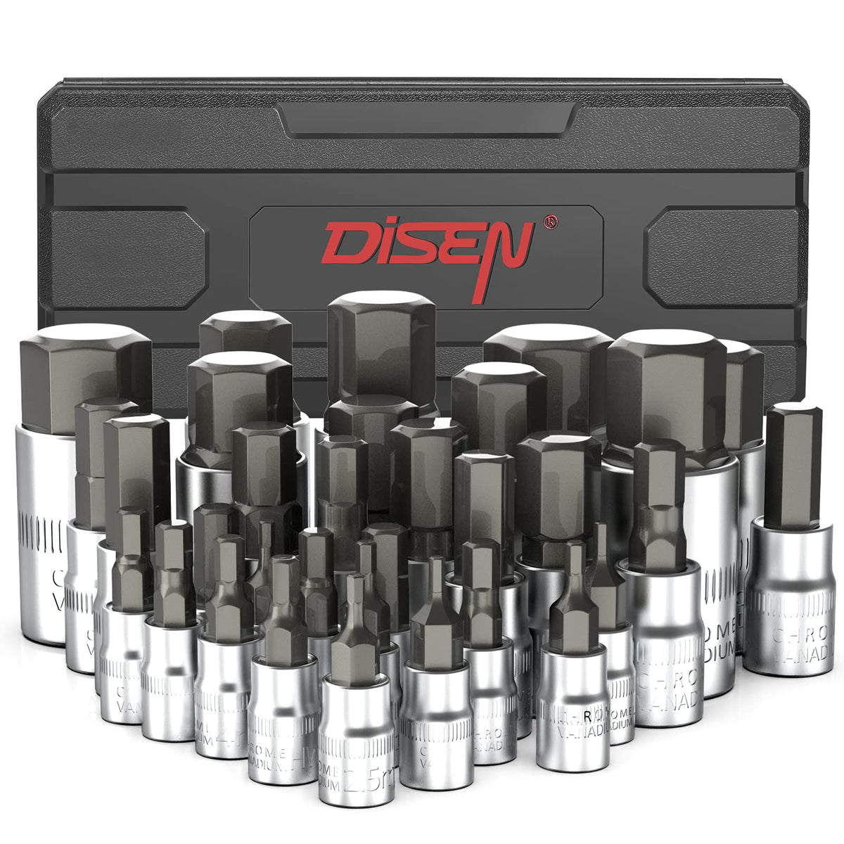 Disen 32pc hex bit socket set case neatly organized for fast access