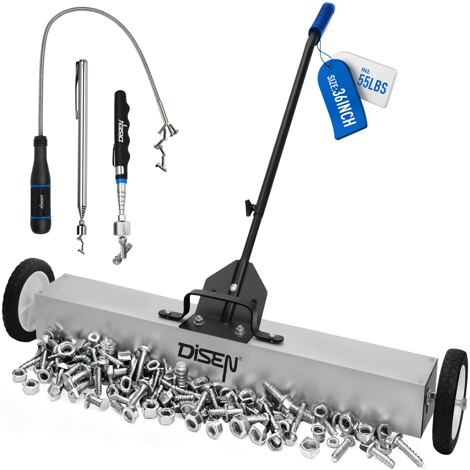 DISEN 36-inch magnetic sweeper on a workshop floor lifting nails and screws effortlessly.