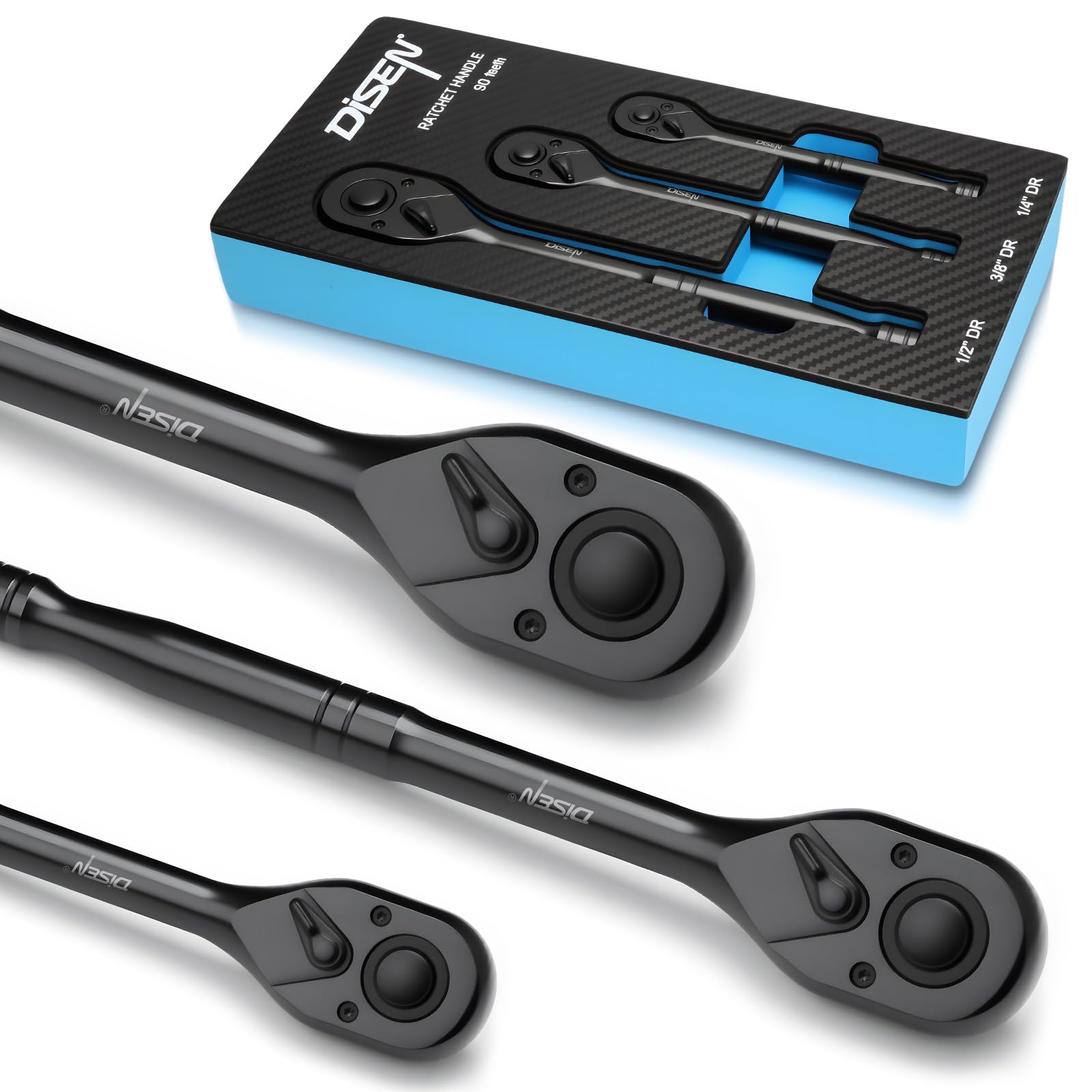 DISEN 3PCS ratchet set with 1/2 drive and ergonomic contours for comfort.