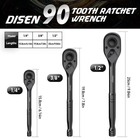 DISEN 3PCS ratchet set 1/4 drive for tight spaces and precise turns.