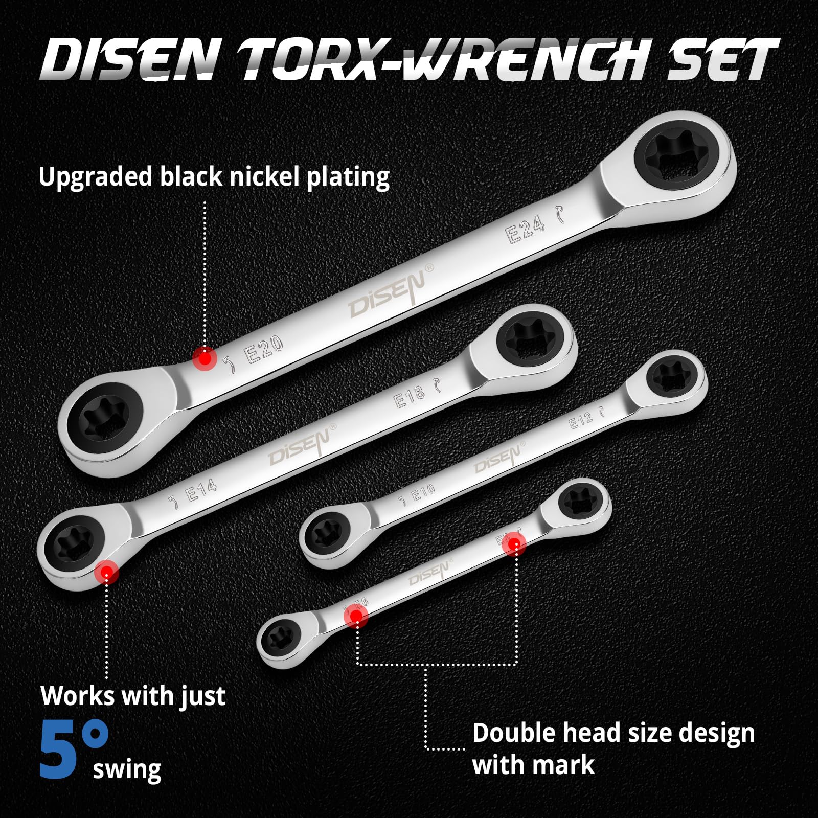 DISEN 72-tooth ratcheting mechanism close-up enables fast takedowns with minimal swing.