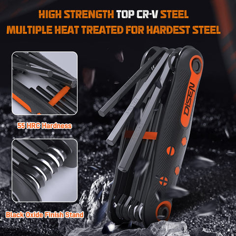 Disen keys showing SAE, metric, and Torx size labels for fast selection.