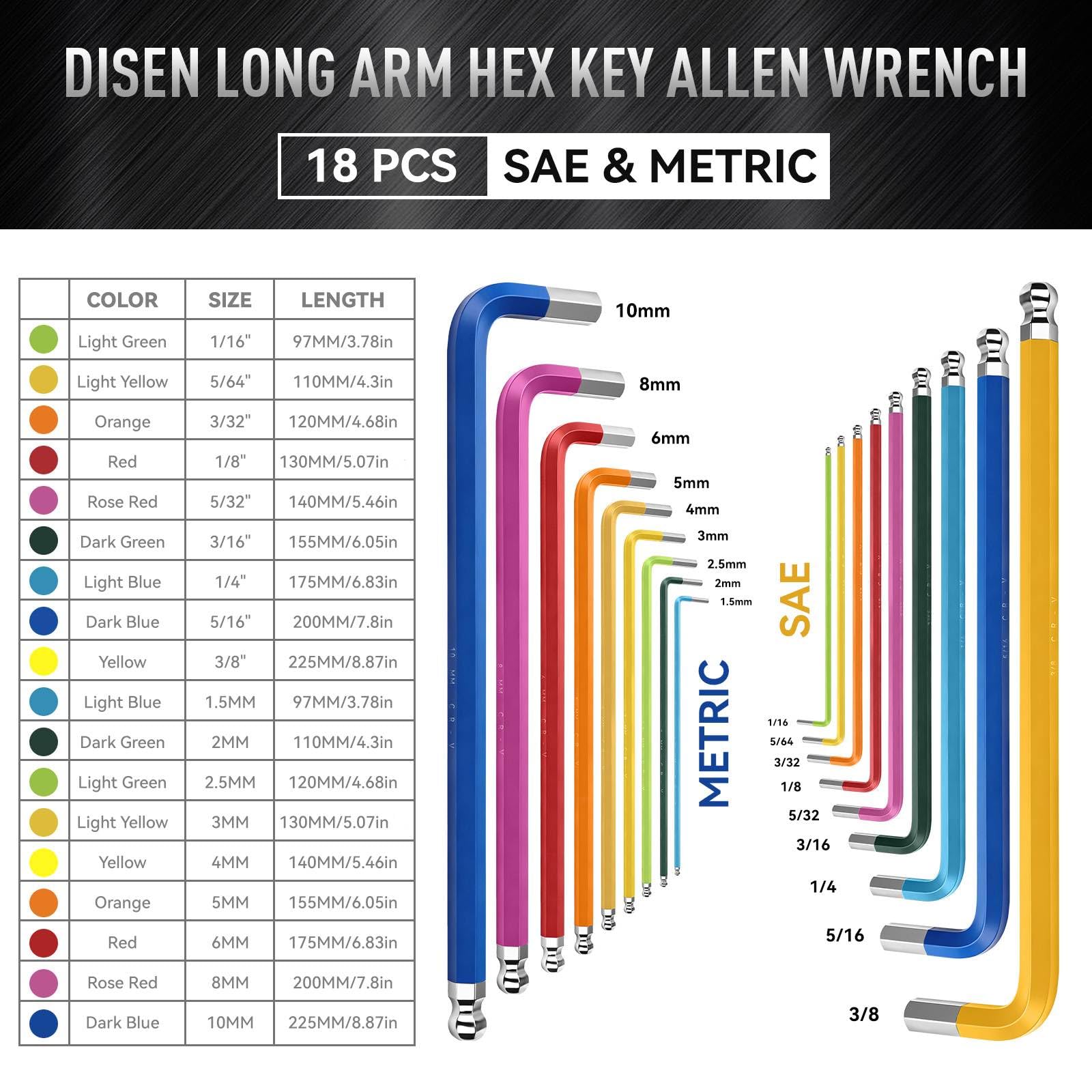 DISEN color-coded hex wrenches for quick size selection