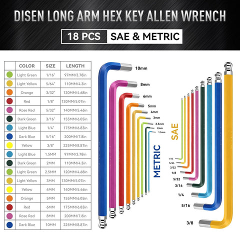 DISEN color-coded hex wrenches for quick size selection