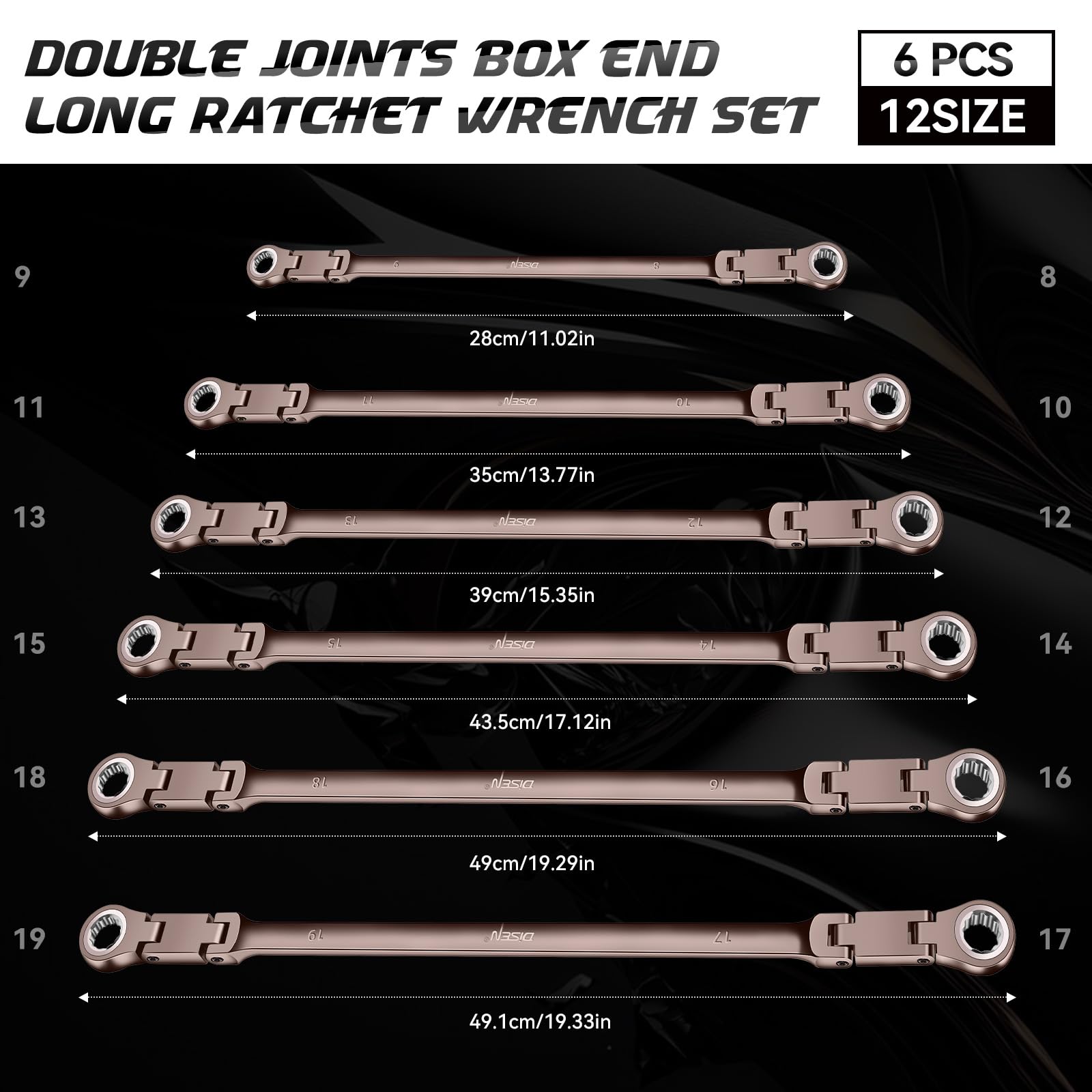 DISEN double-jointed ratchet wrench 17-19mm added leverage for stubborn bolts