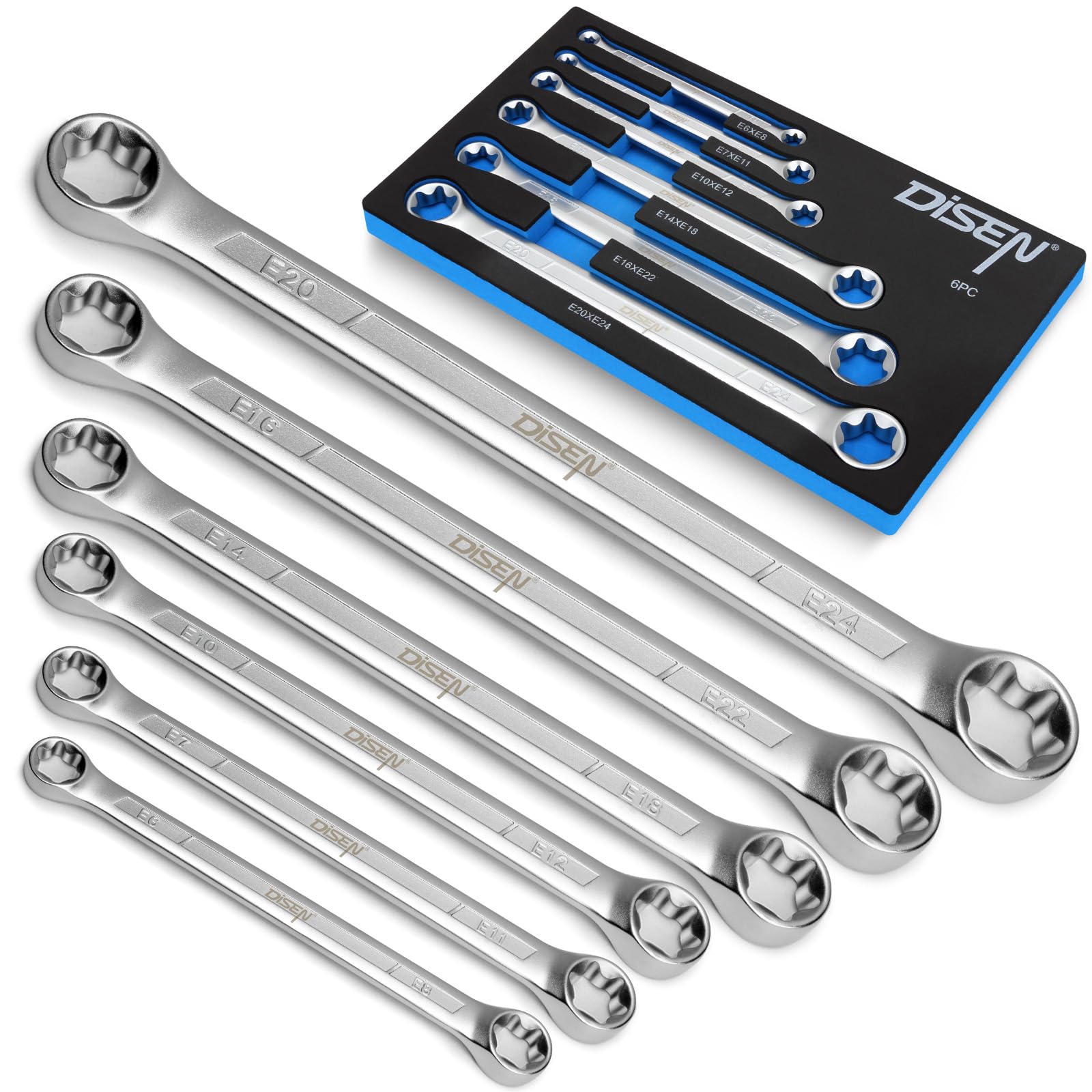 DISEN E-Torx wrench set with dual-head design enabling faster size changes.