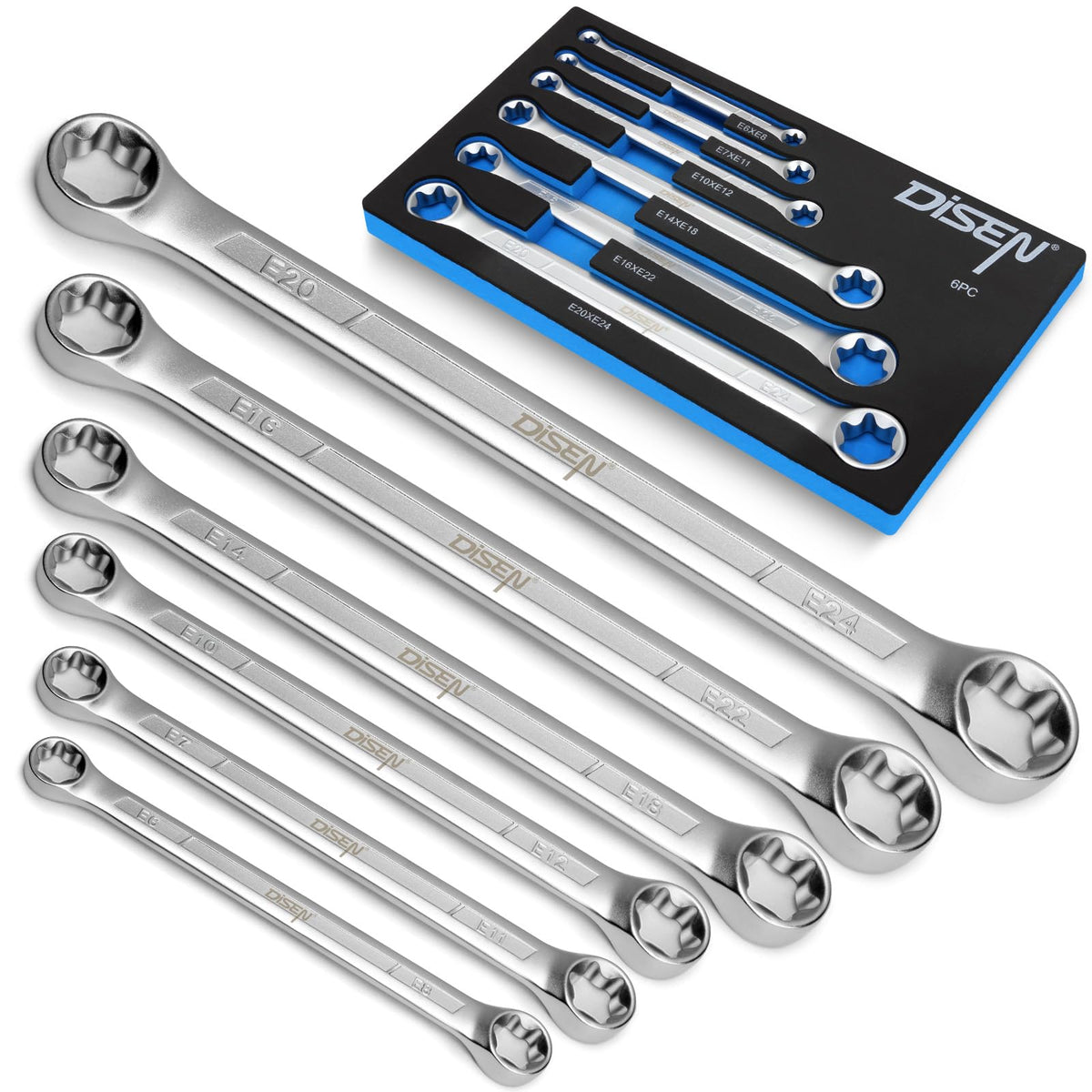 DISEN E-Torx wrench set with dual-head design enabling faster size changes.