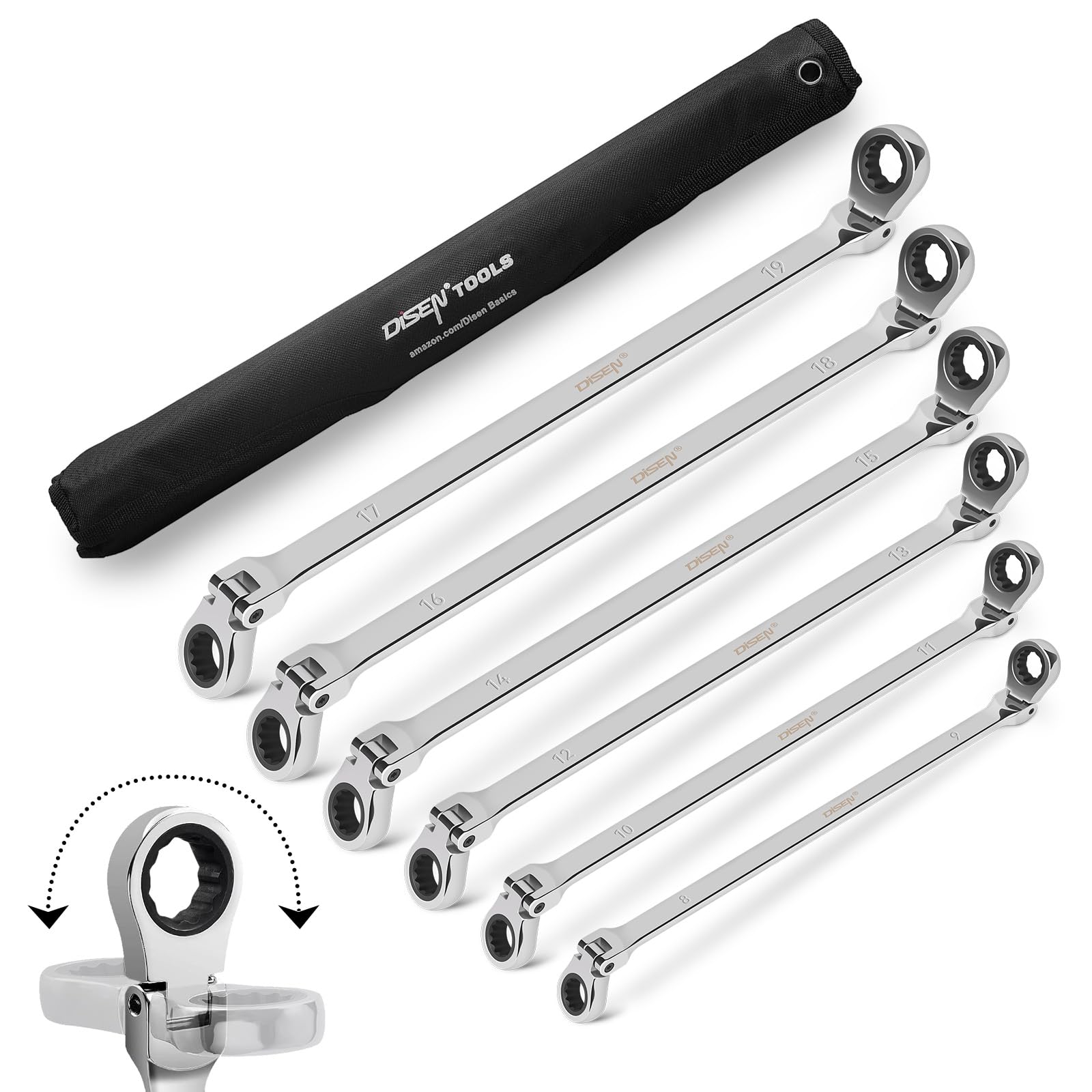 DISEN extra long flex-head wrench 8-9mm for tight spaces and obstructions