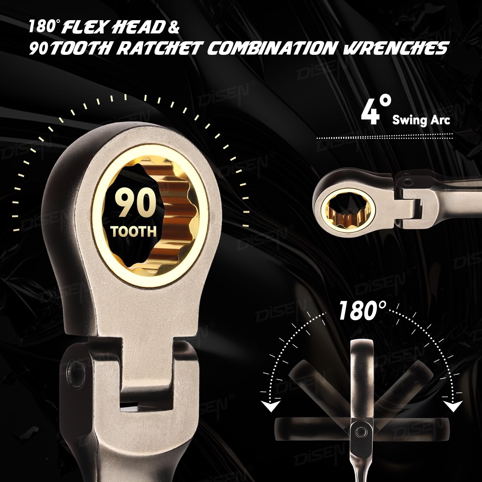 DISEN flex head ratcheting wrench with 4-degree swing for narrow access.