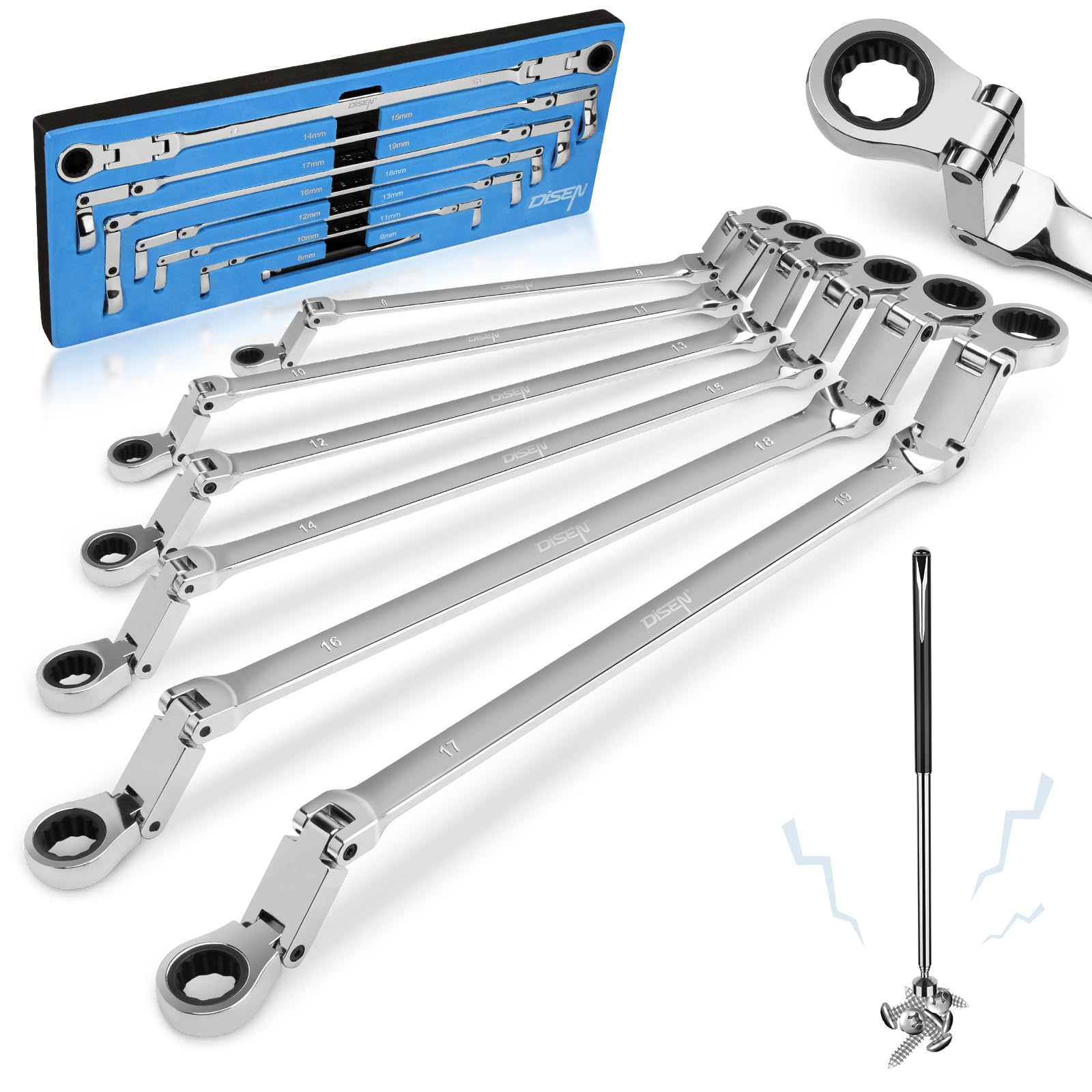 DISEN foldable dual-joint head wrench for accessing tight spaces in engines.