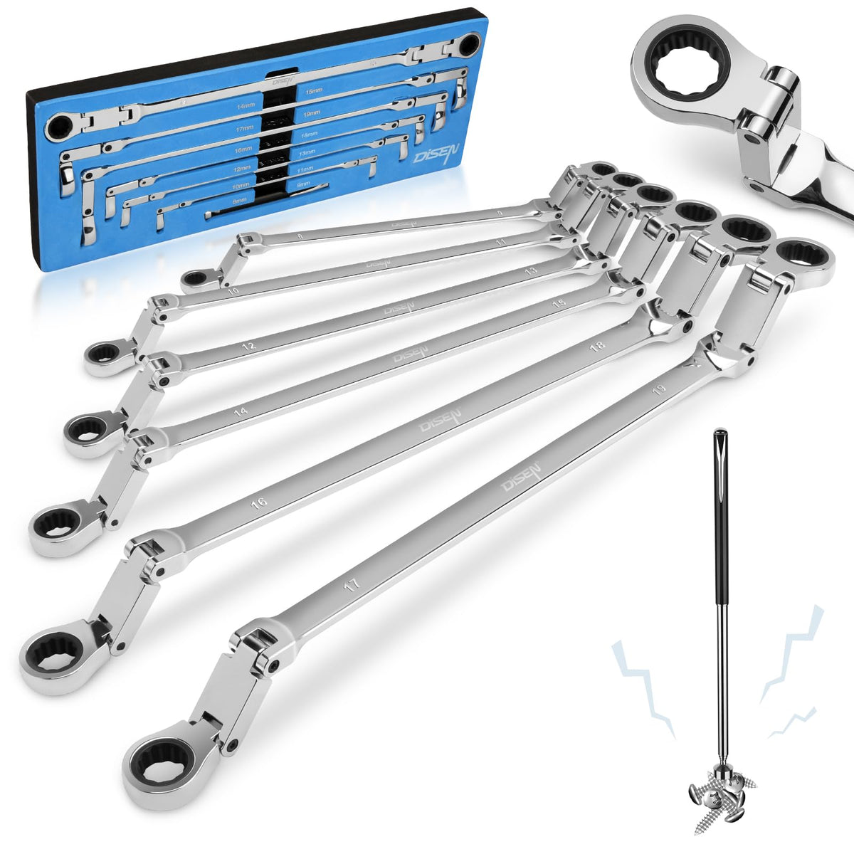 DISEN foldable dual-joint head wrench for accessing tight spaces in engines.