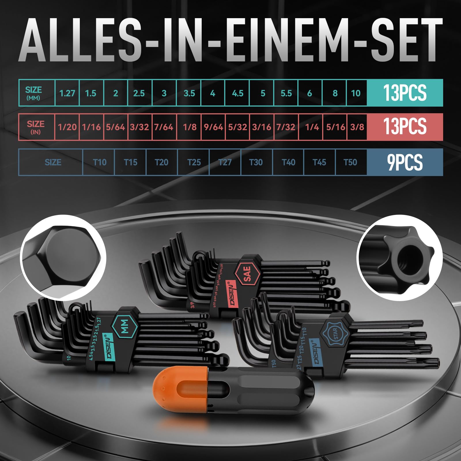 DISEN hex keys with stamped sizes for quick, accurate selection.