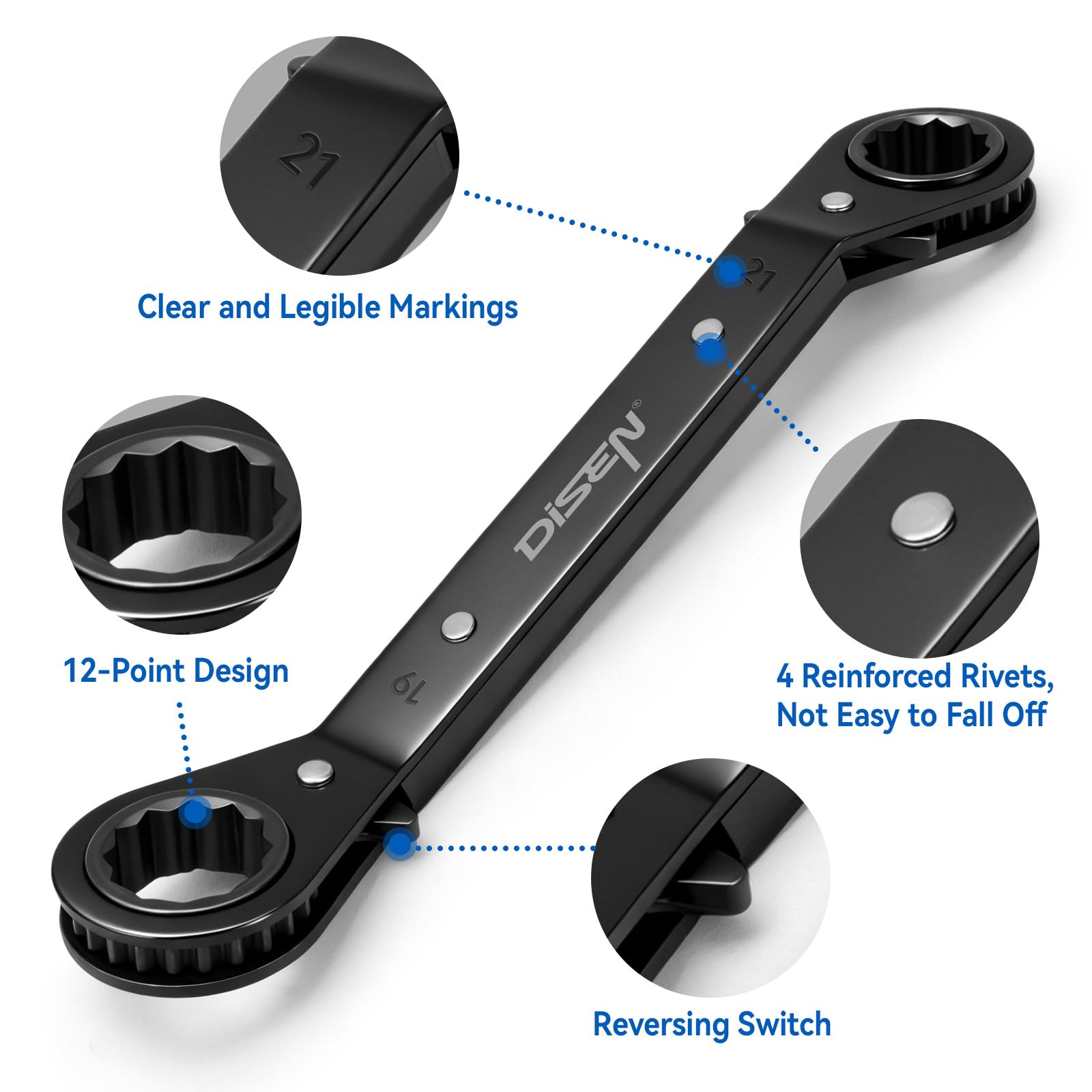 DISEN reversible double-ended wrench for quick direction changes without removal.