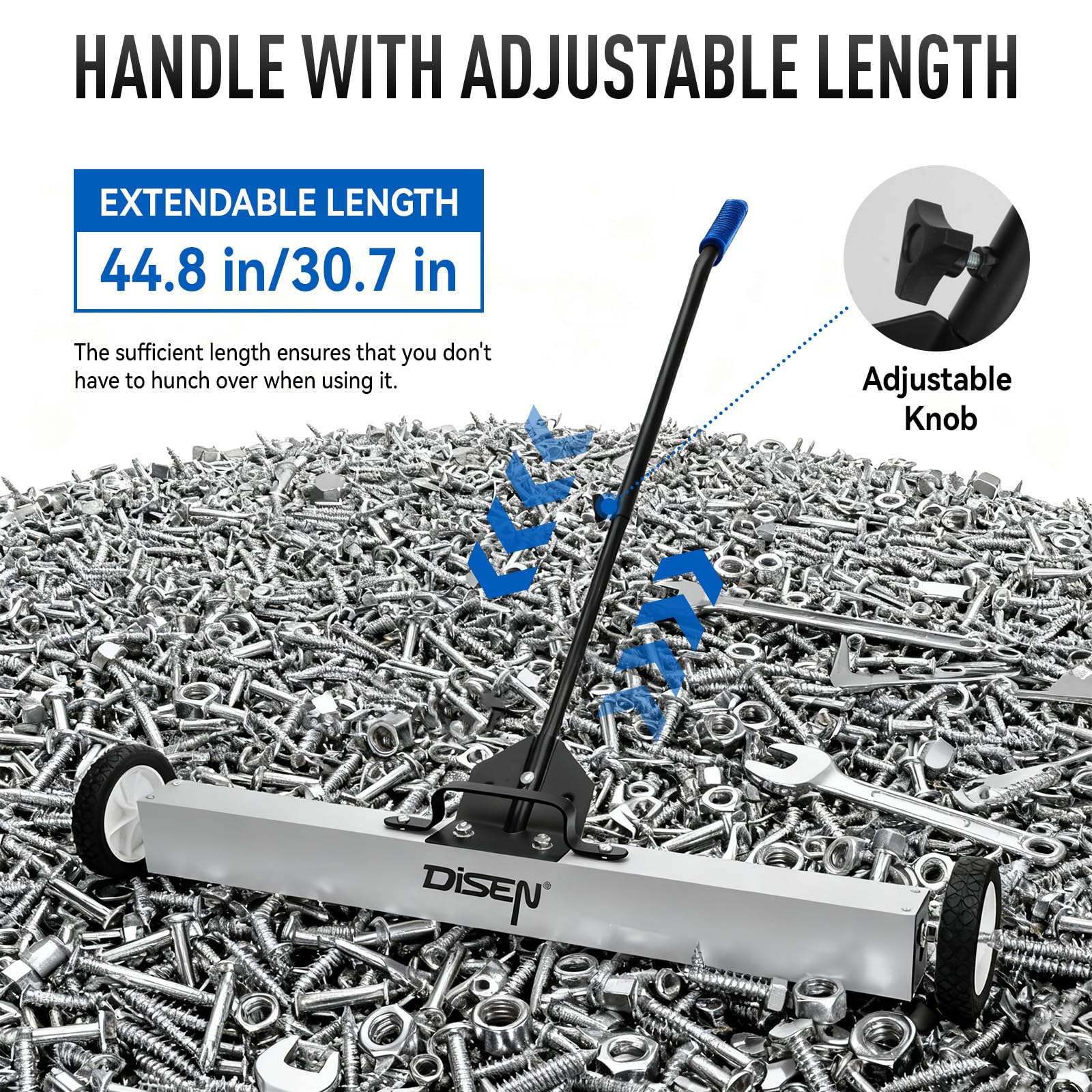 DISEN rolling magnetic sweeper front angle showing wide coverage for quick debris pickup.