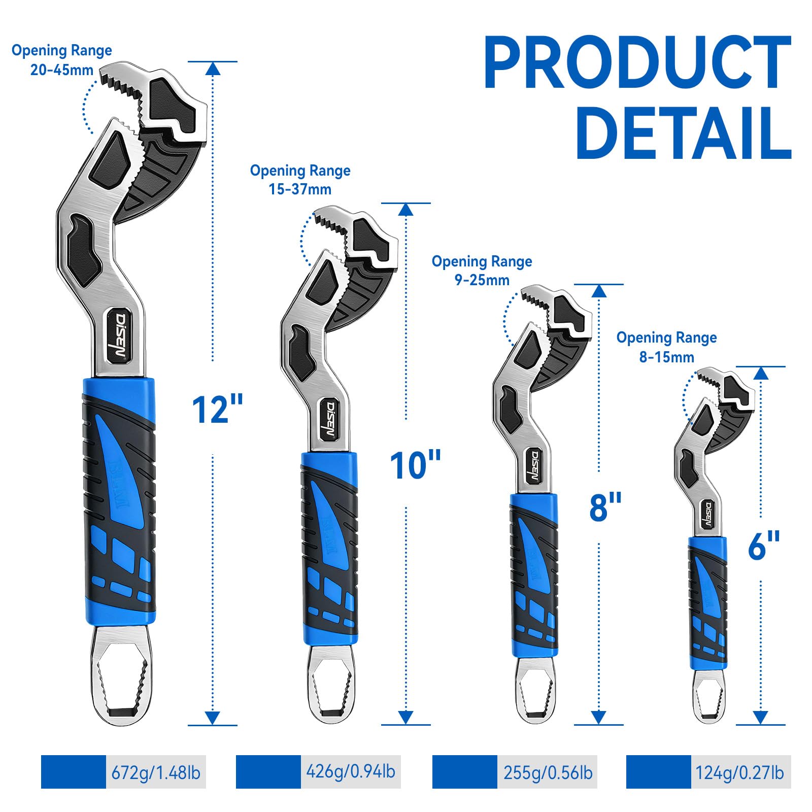 DISEN 8-inch self-adjusting pipe wrench secures medium fittings with solid grip.