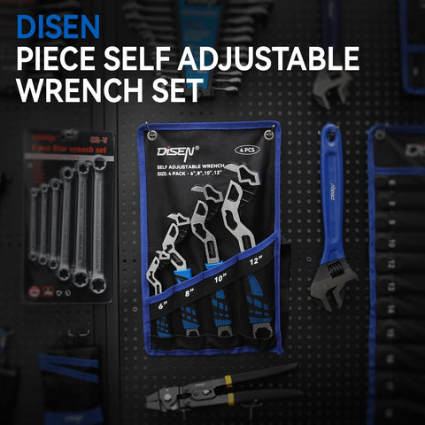 DISEN self-adjusting wrench set ready for professional use in workshops.