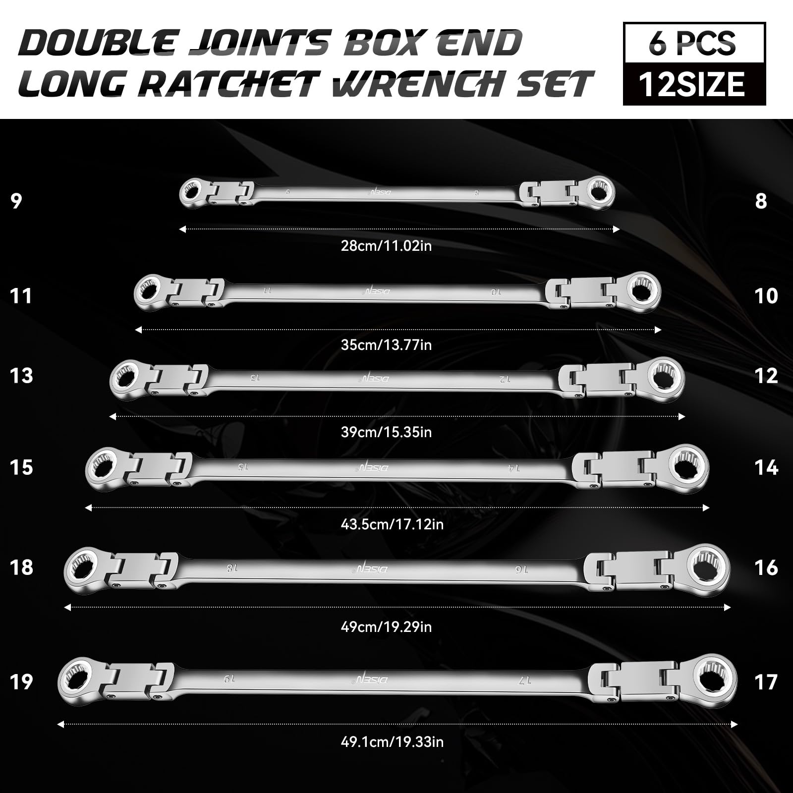 DISEN six-piece double-ended ratchet wrench set covers 8–19 mm with precise control.
