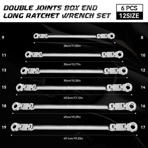 DISEN six-piece double-ended ratchet wrench set covers 8–19 mm with precise control.