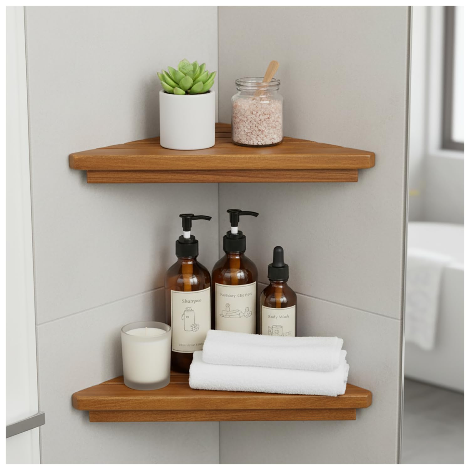 DITAVN triangular corner shelf mounted on tiled wall for space saving in bathroom.