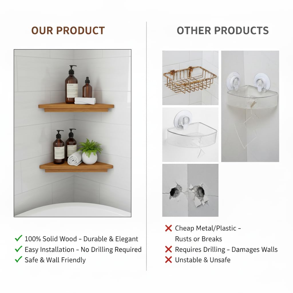 DITAVN wooden shower shelf close-up reveals natural grain and warmth.