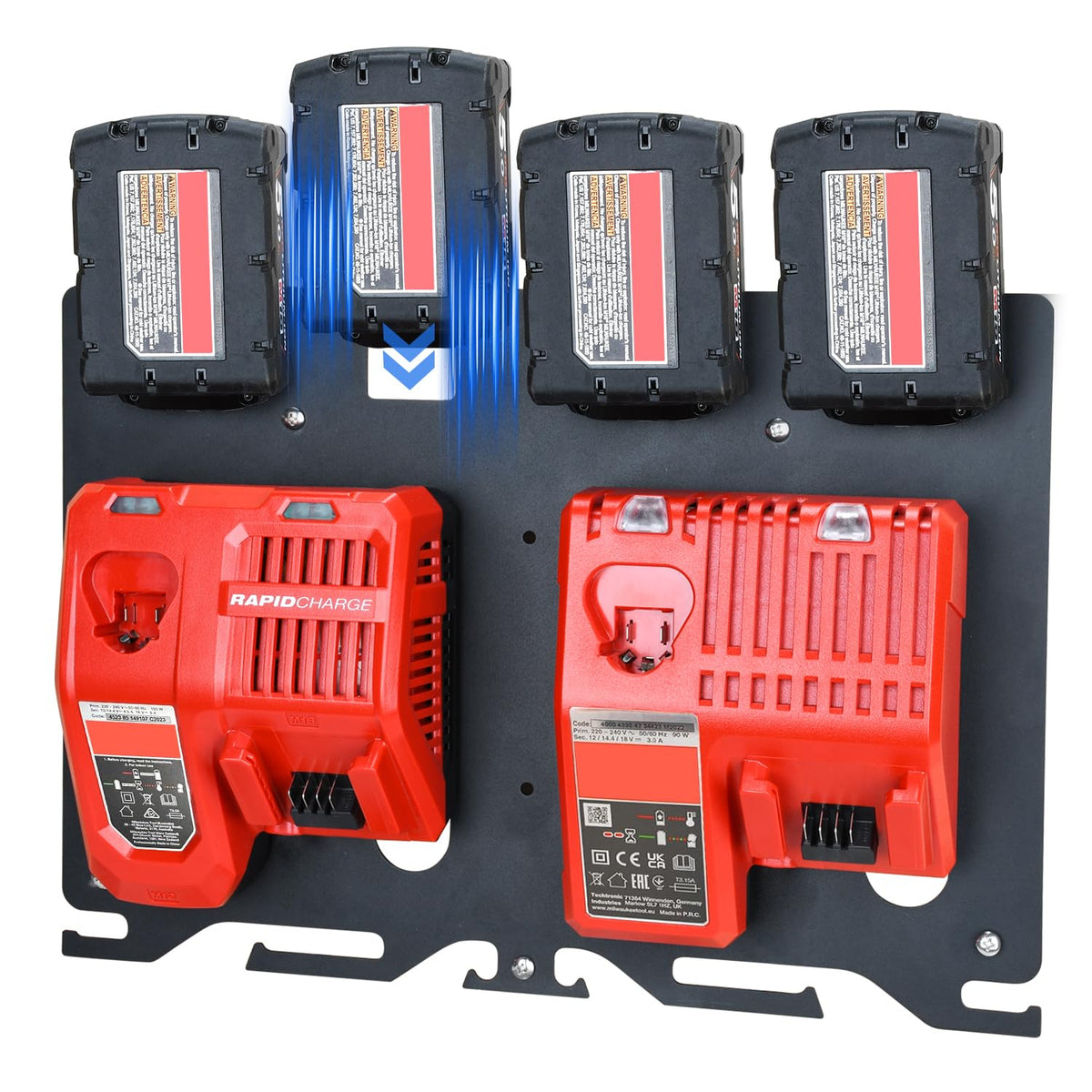 DITKOK Milwaukee 3-in-1 wall mount keeps batteries, chargers, and drills neatly organized for quick access.