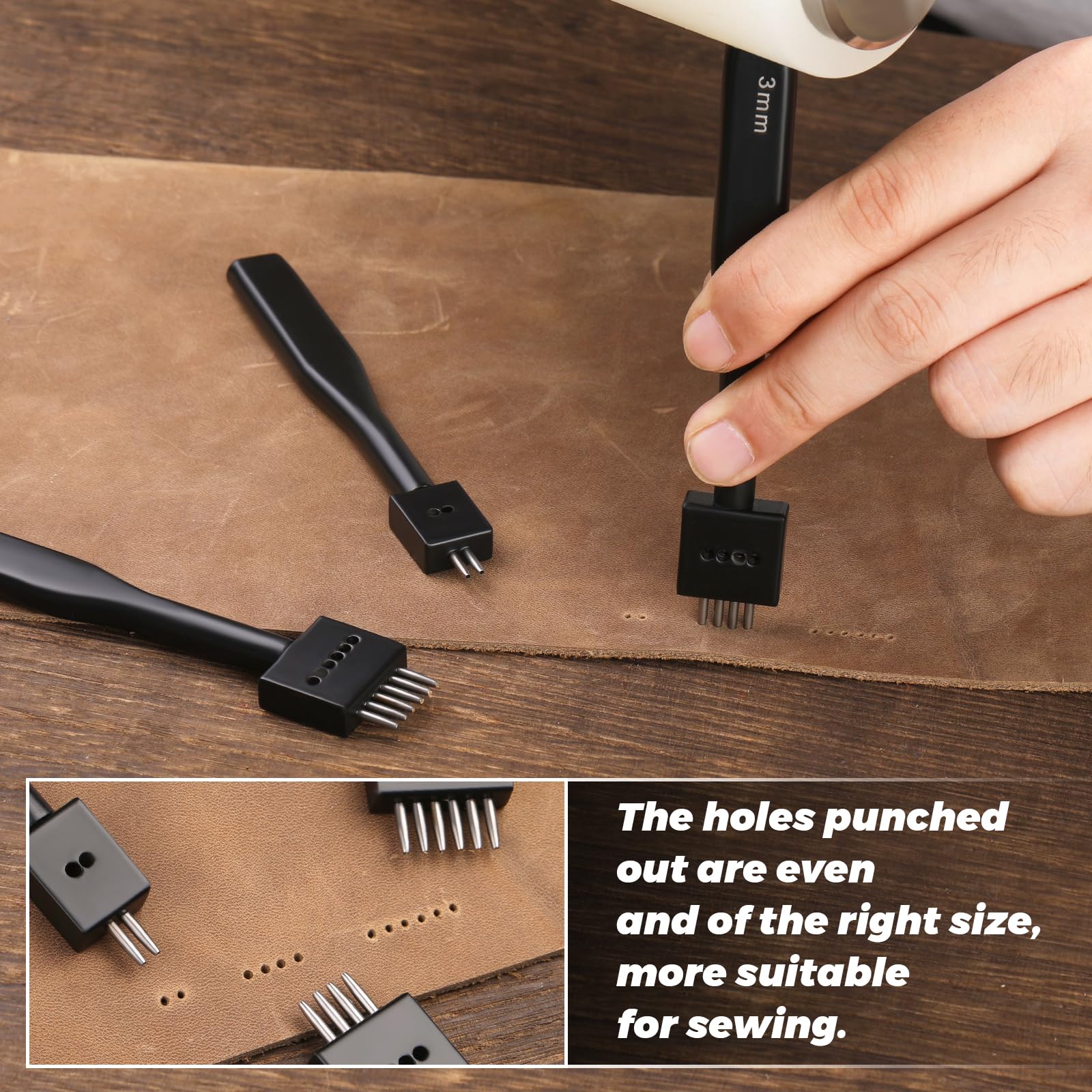 DIUDUS Leather Hole Punch 3mm 6-prong yields consistent holes for strong stitching.