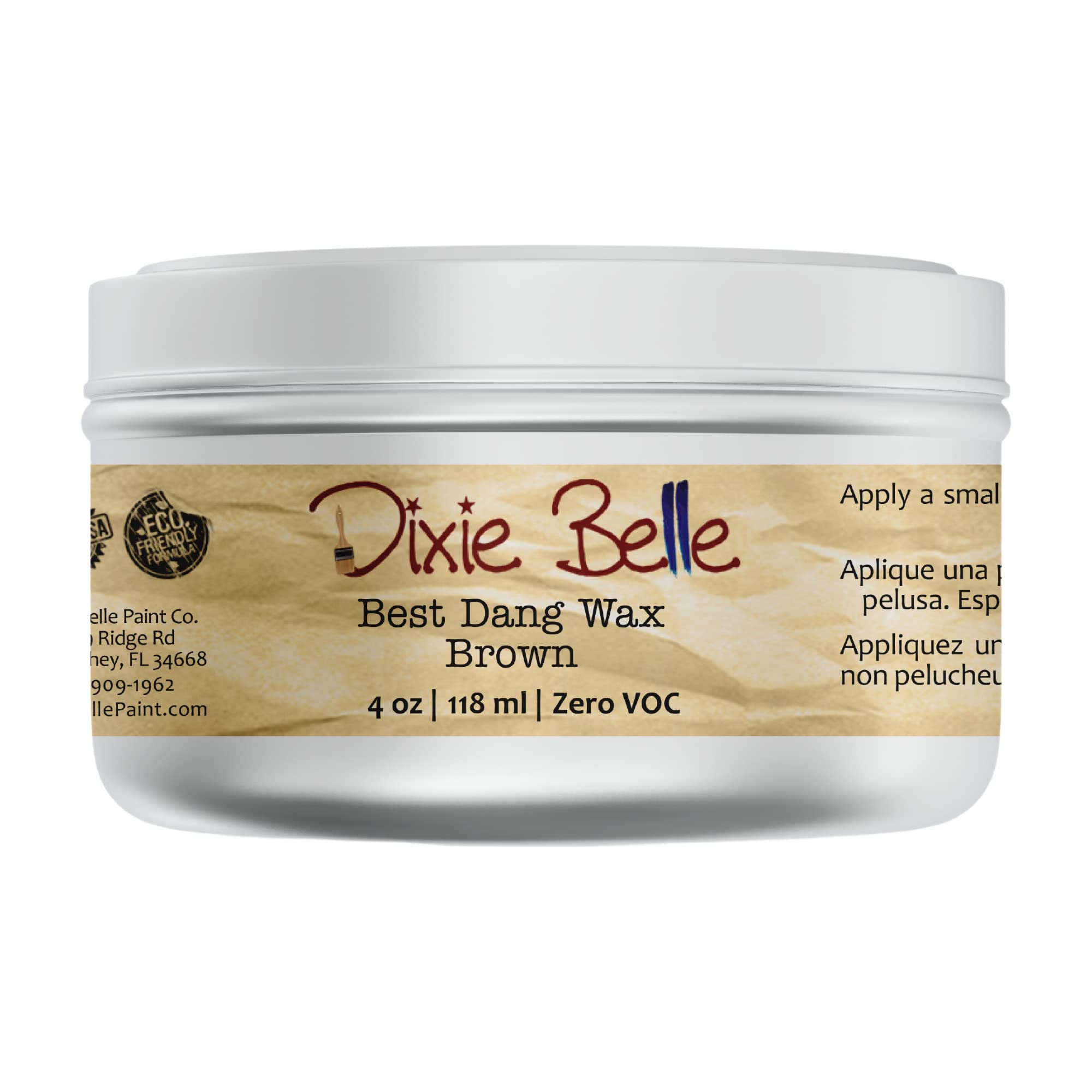 Dixie Belle Best Dang Wax bottle shows the 4oz brown jar for rich color and protection