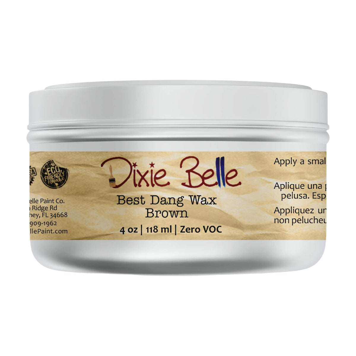 Dixie Belle Best Dang Wax bottle shows the 4oz brown jar for rich color and protection