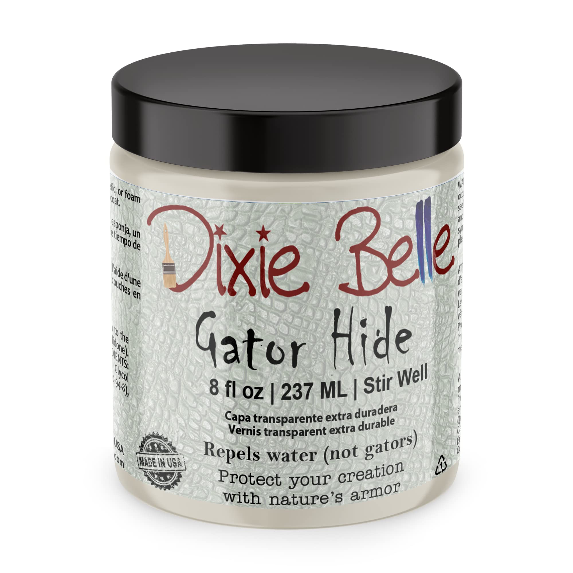 Dixie Belle Gator Hide topcoat bottle showing durable, UV-resistant finish for furniture.