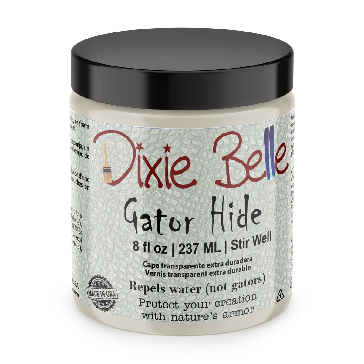 Dixie Belle Gator Hide topcoat bottle showing durable, UV-resistant finish for furniture.