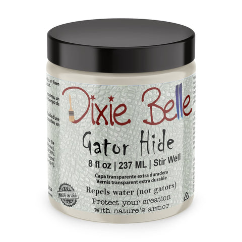 Dixie Belle Gator Hide topcoat bottle showing durable, UV-resistant finish for furniture.