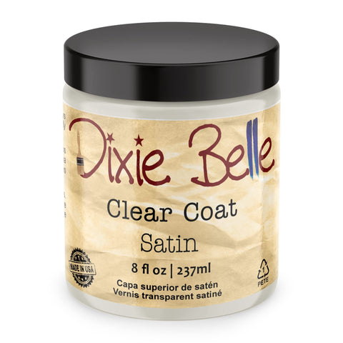 Dixie Belle Satin Clear Coat 8oz bottle provides durable, satin-protected furniture finish.
