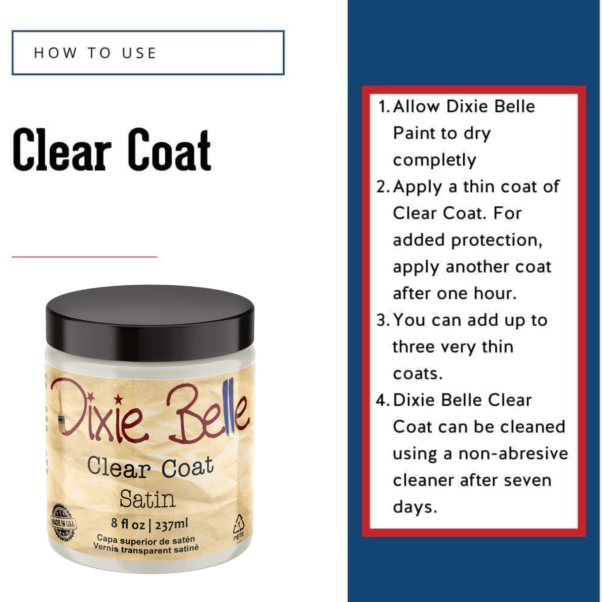 Dixie Belle Satin Clear Coat being applied to chalk-painted furniture for a soft satin sheen.