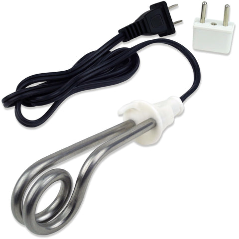 Diximus immersion heater in use boiling water for tea on the go.