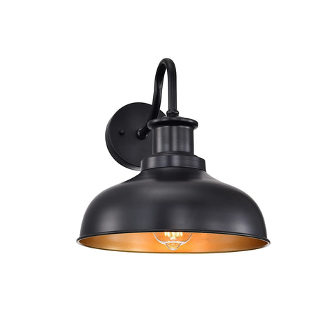 Diyel outdoor barn light with matte black finish and gold interior enhances exterior ambiance