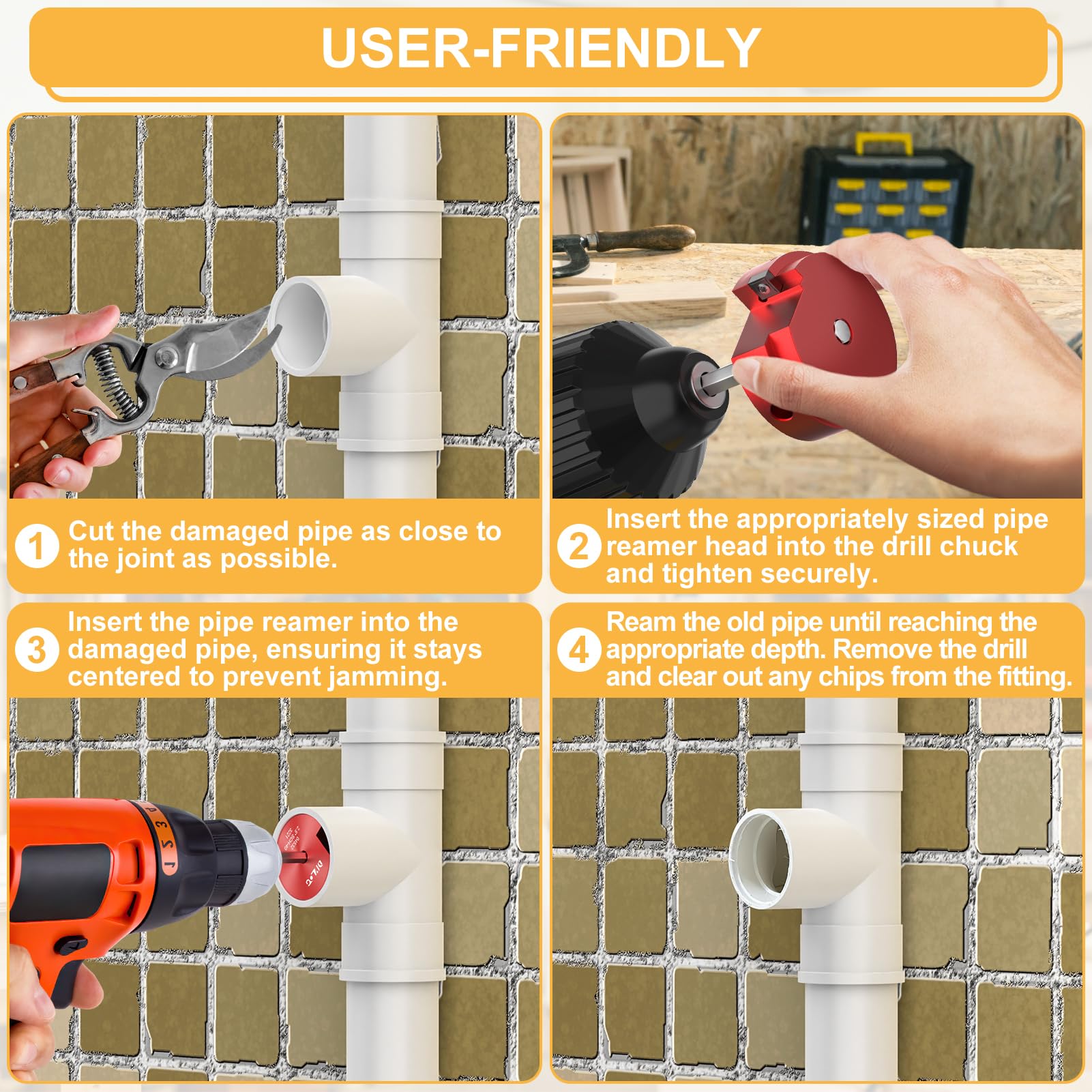 DIYLOG PVC reamer in use with drill for clean reaming.
